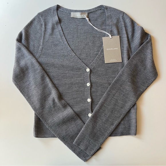 NWT Everlane The Ultrafine Merino Ribbed Cardigan - Heather Mid Grey - Picture 7 of 9